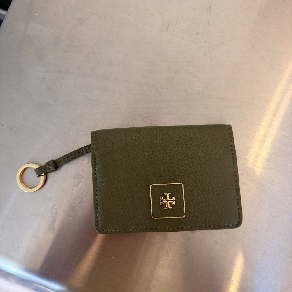 Tory Burch Dark Olive Pebbled Leather Card Case with Key Ring